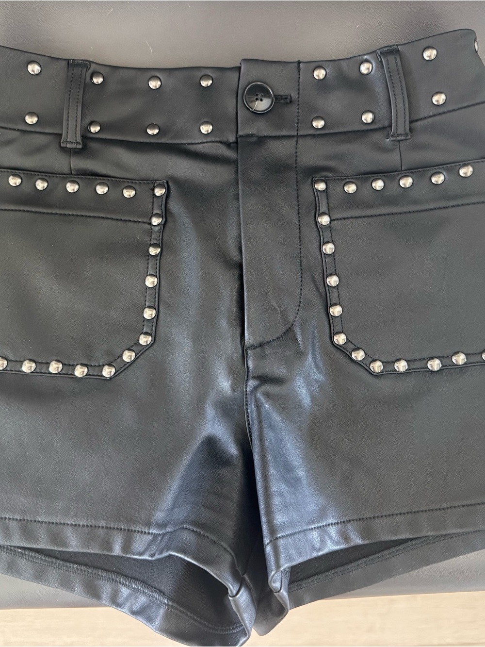 Maeve Black Faux-Leather High-Rise “Colette” Studded Shorts